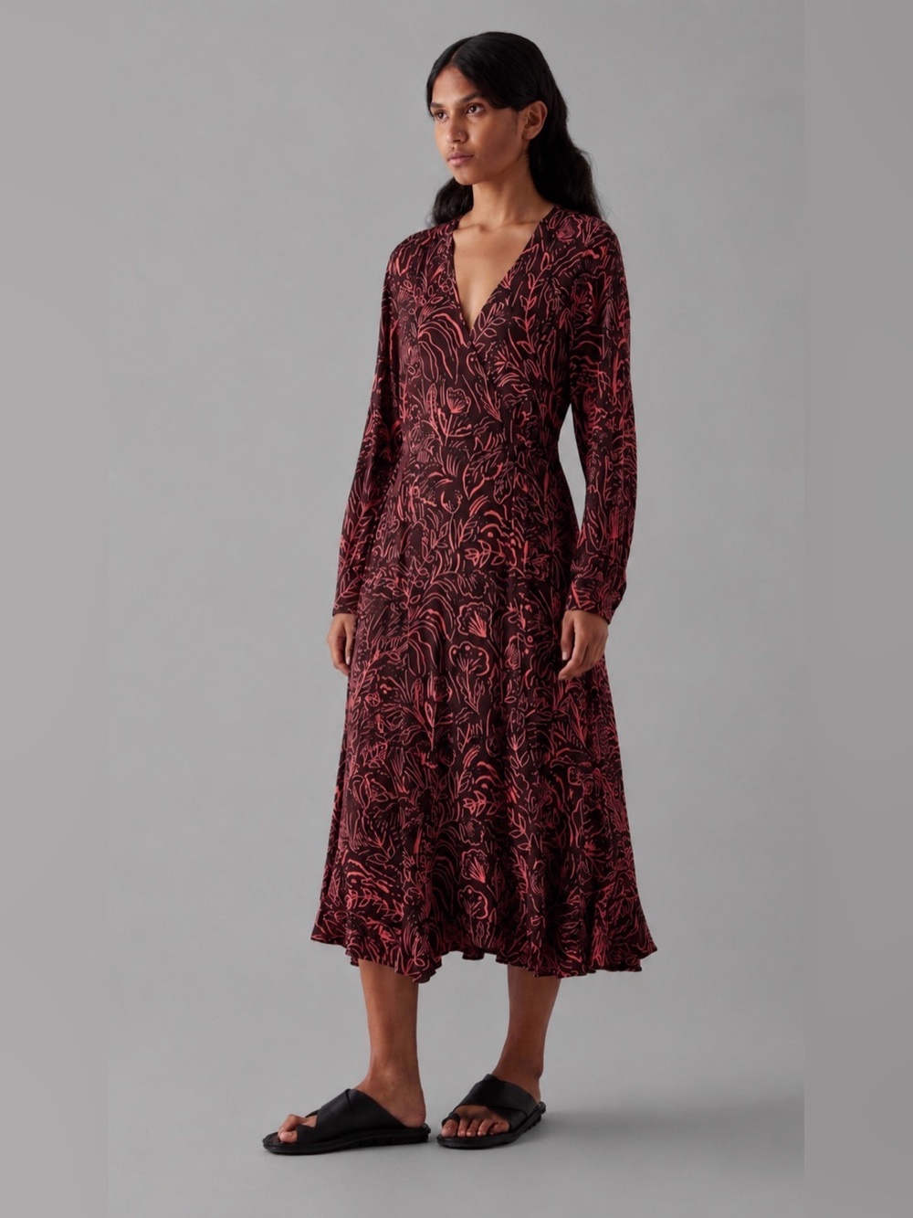 Toast UK Wrap Midi Dress Brown Floral Print Pockets Size UK 18 US 14 Lagenlook